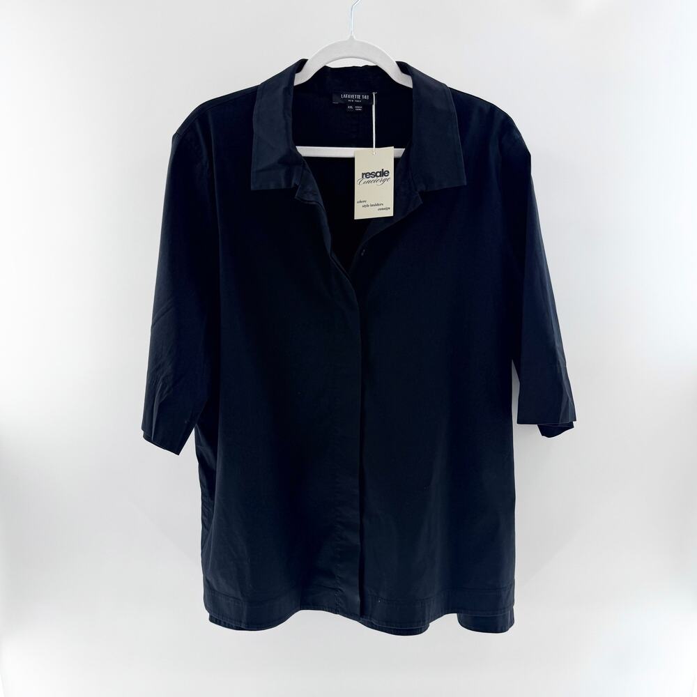 Lafayette 148 Cotton Blend 3/4 Sleeve Collared Button-Down Shirt Black Women XXL